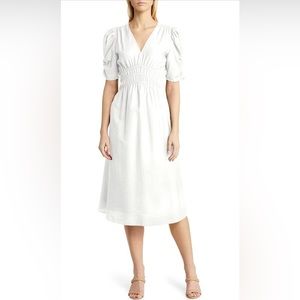 V Neck Puff Sleeve Midi Dress A Line Elastic Waist Elegant Dress